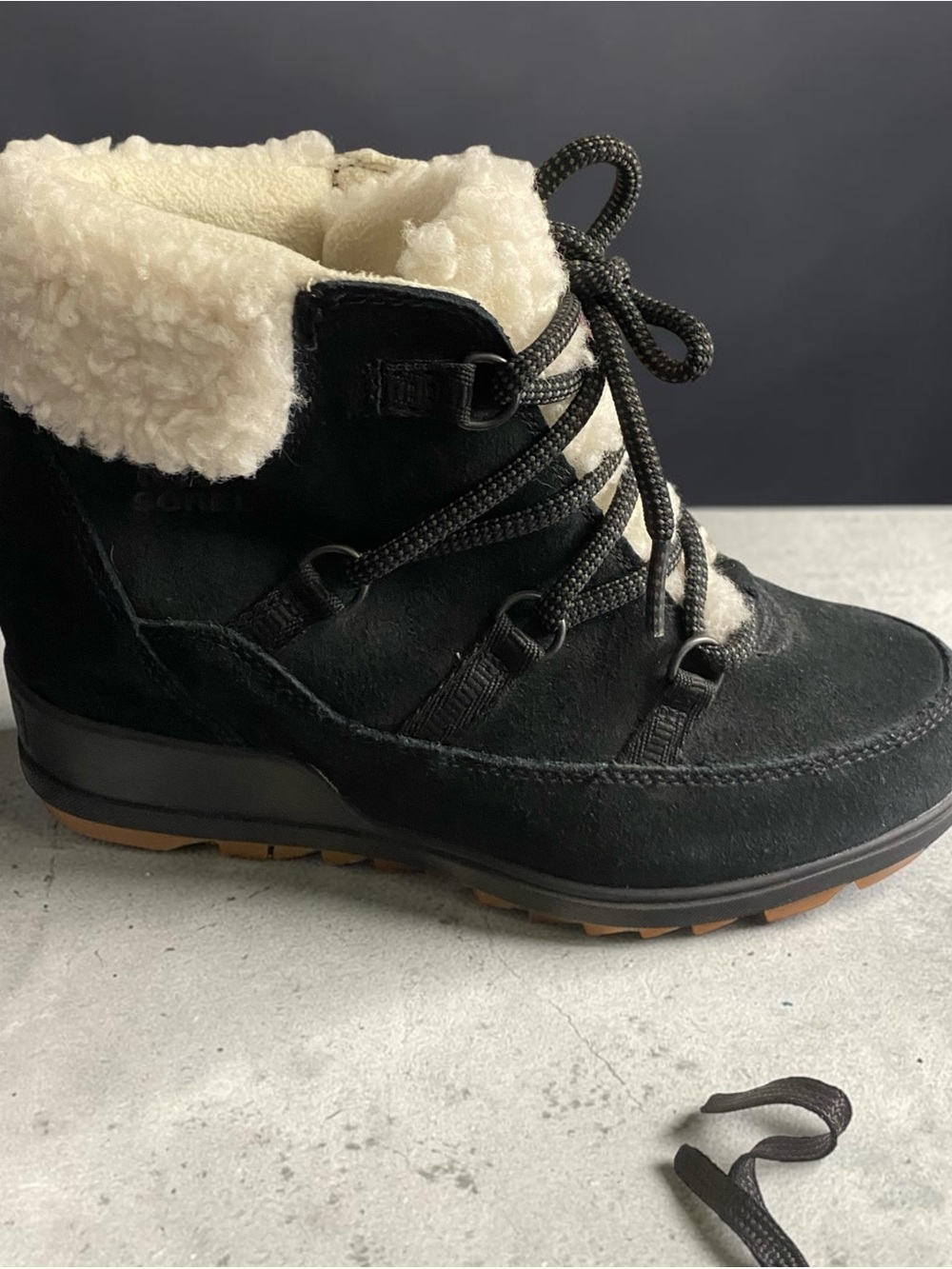 SOREL Evie Cozy Lace Black Suede Waterproof Wedge Boots